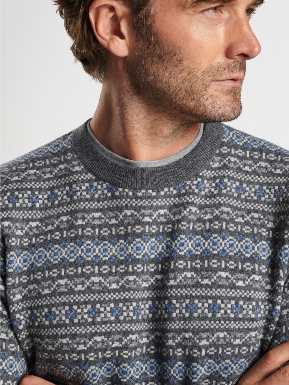 Peter Millar Grey Crewneck Wool/Cashmere Sweater with Blue Fair Isle Motif